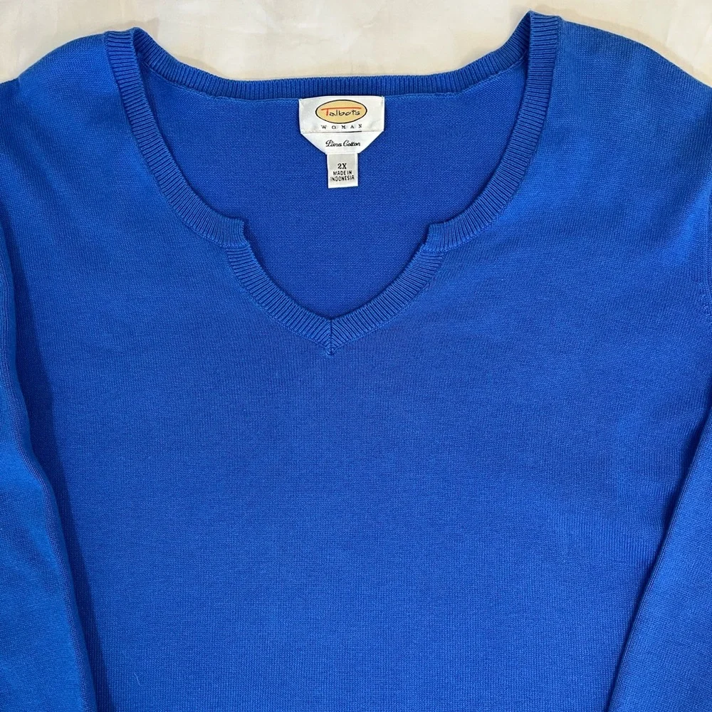 Talbots Blue Pima Cotton Sweater V-Neck Gold Button Sleeve Women’s 2X - Picture 2 of 9